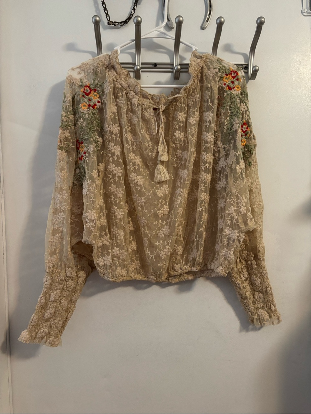 Free People Beige Lace Peasant Blouse with Floral Embroidery